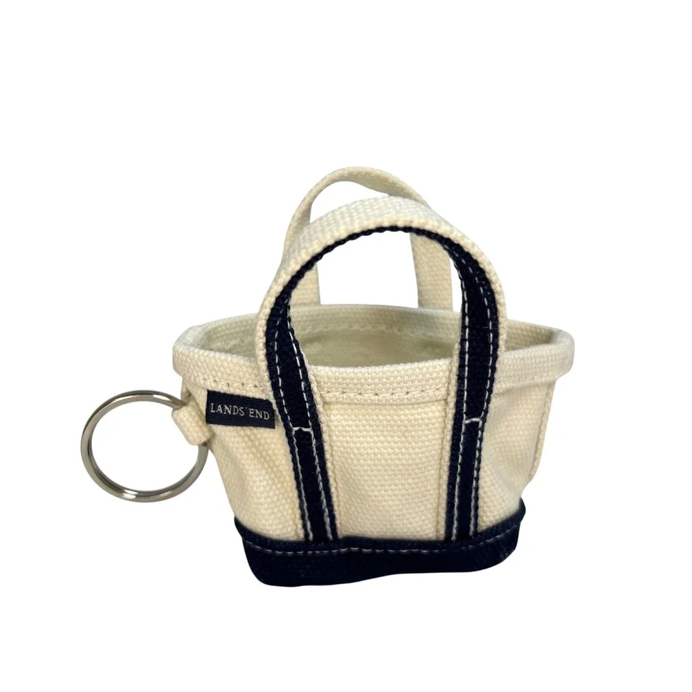 Lands End Mini Canvas Tote Bag Keychain Cream Navy Blue Boat and Tote Accessory